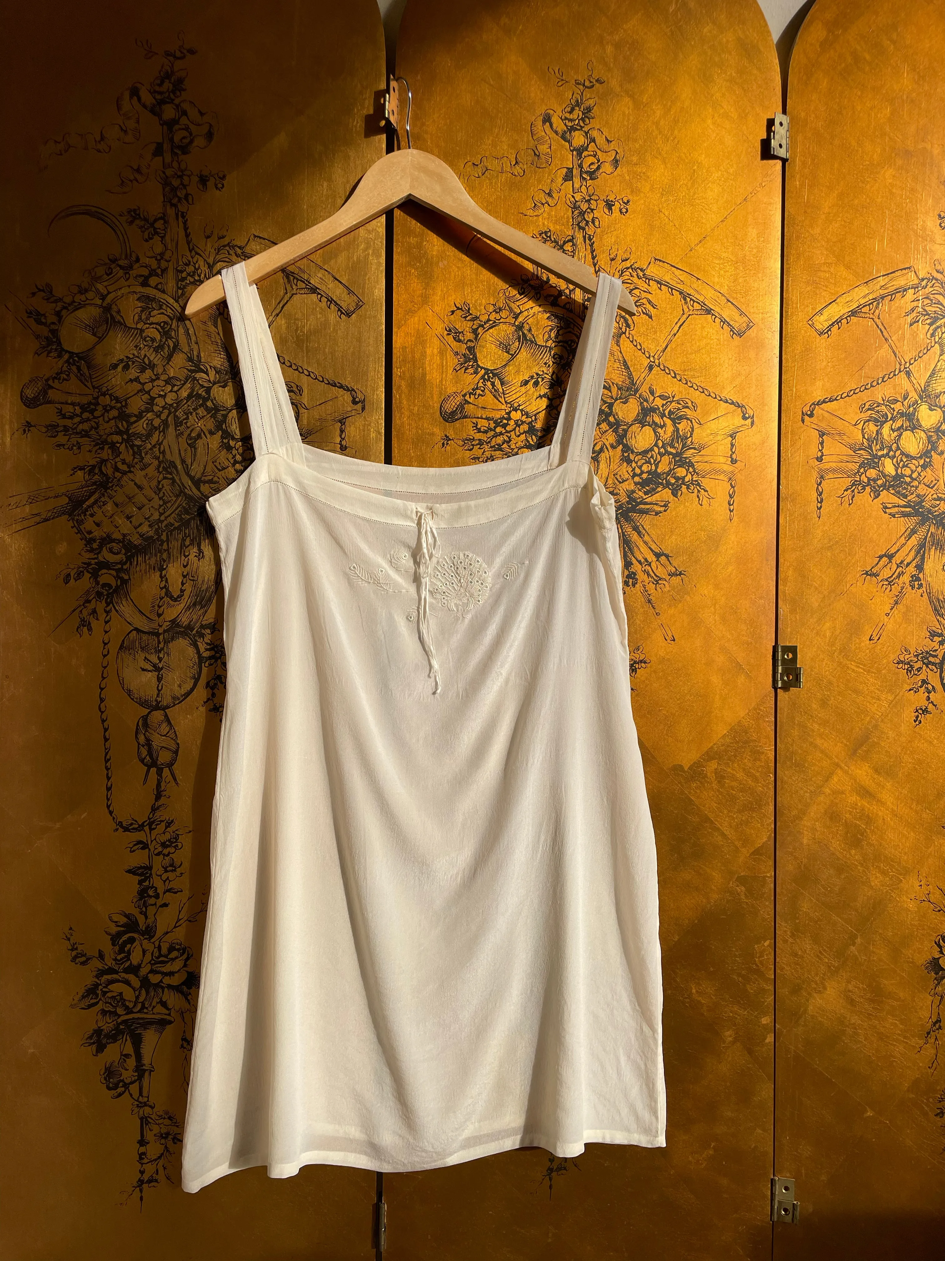 1920s Silk Slip Chemise Lingerie Peacock Embroidered S