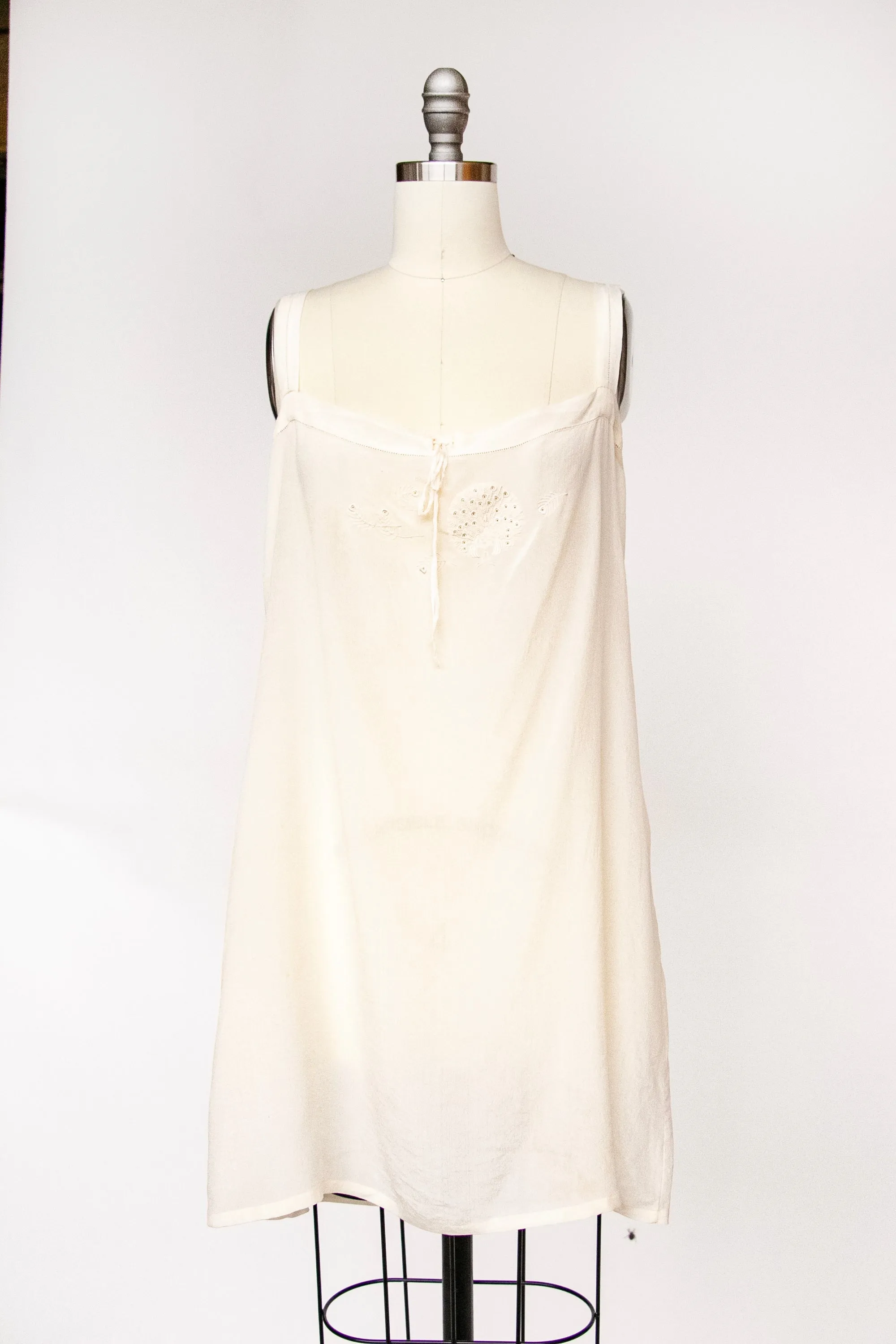1920s Silk Slip Chemise Lingerie Peacock Embroidered S