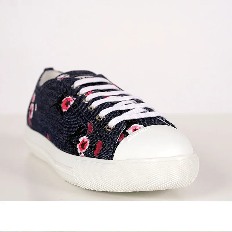 39 NEW $590 MIU MIU Floral Print Denim Blue & White Rubber Toe Low Top Sneakers