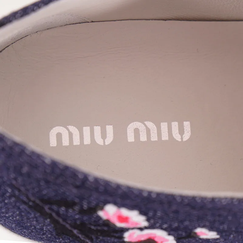 39 NEW $590 MIU MIU Floral Print Denim Blue & White Rubber Toe Low Top Sneakers