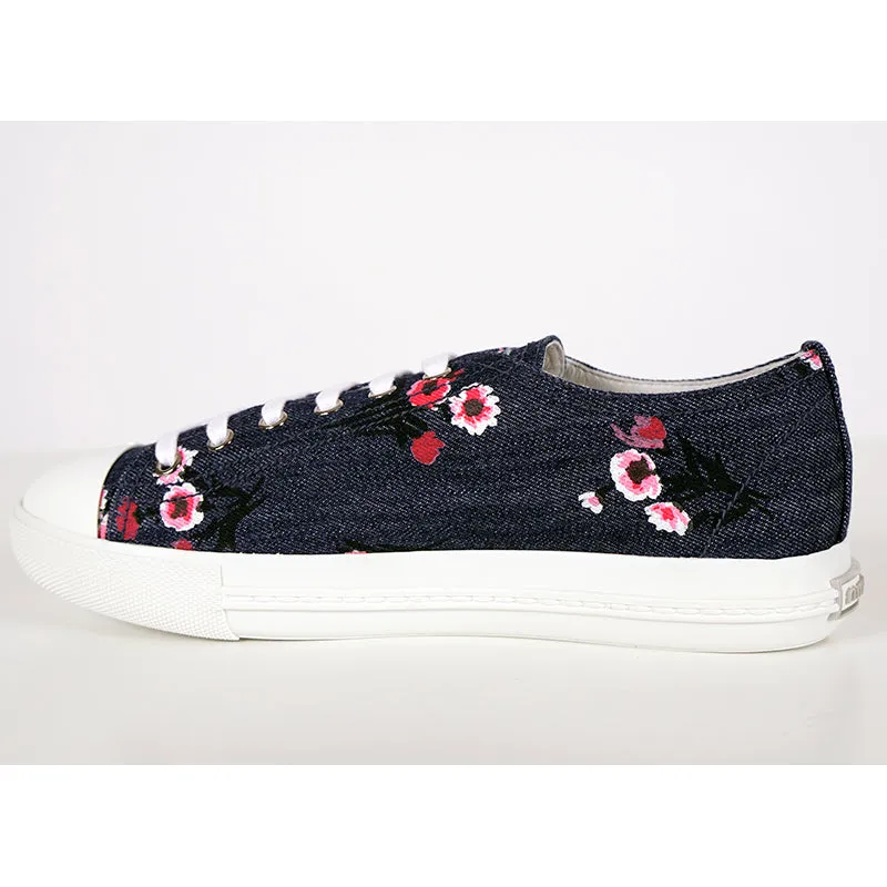 39 NEW $590 MIU MIU Floral Print Denim Blue & White Rubber Toe Low Top Sneakers