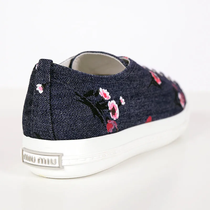 39 NEW $590 MIU MIU Floral Print Denim Blue & White Rubber Toe Low Top Sneakers