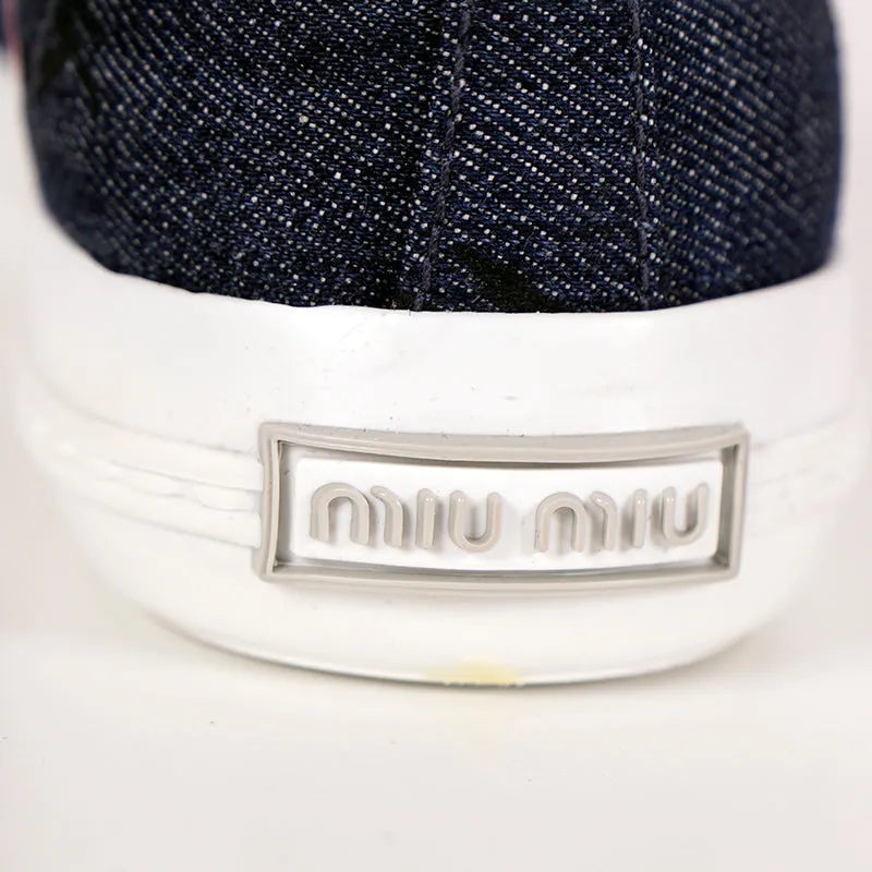 39 NEW $590 MIU MIU Floral Print Denim Blue & White Rubber Toe Low Top Sneakers