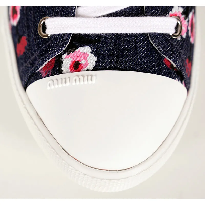 39 NEW $590 MIU MIU Floral Print Denim Blue & White Rubber Toe Low Top Sneakers