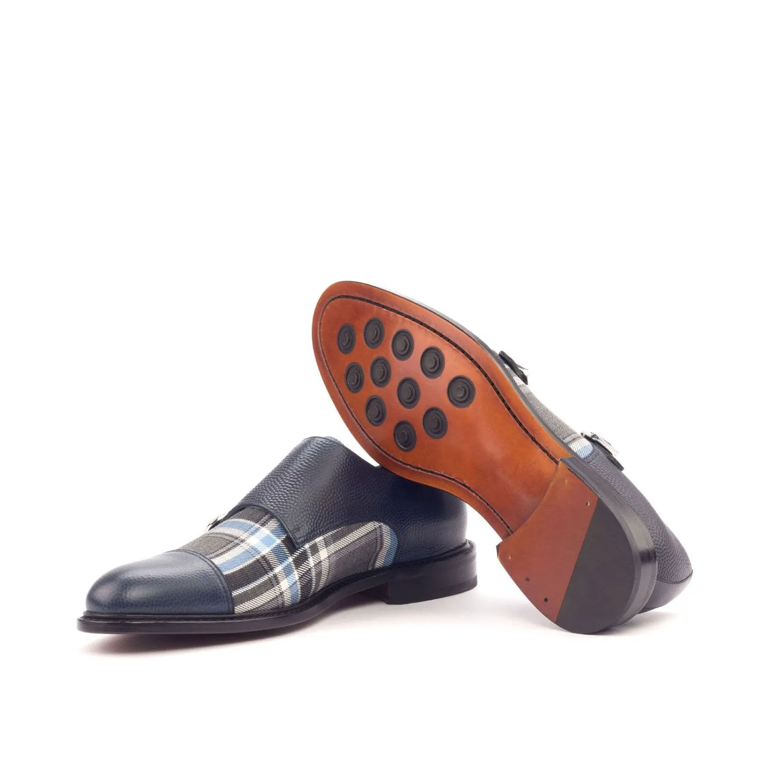 Ambrogio Bespoke Men's Handmade Custom Shoes Navy & Gray Fabric / Pebble Grain / Polished Leather Monk-Straps Loafers (AMB1793)