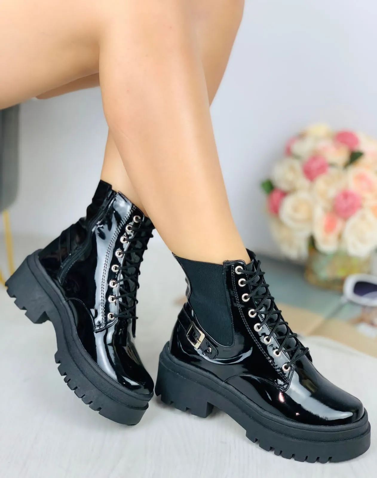 Black Patent Leather Boots Buckle Detail Chunky Sole