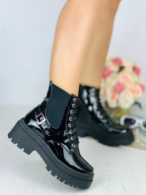 Black Patent Leather Boots Buckle Detail Chunky Sole