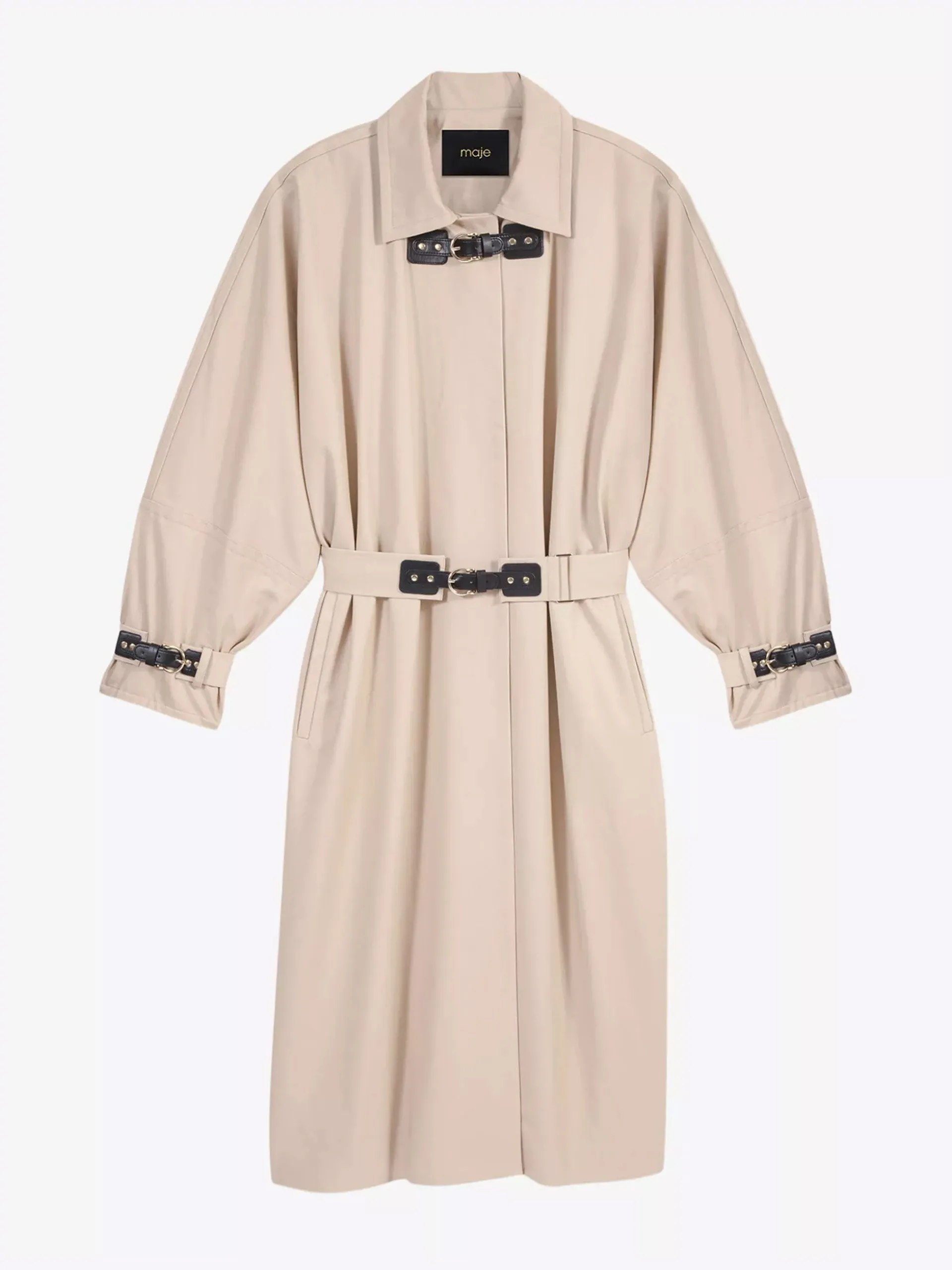 Contrast-buckle long organic-cotton trench coat