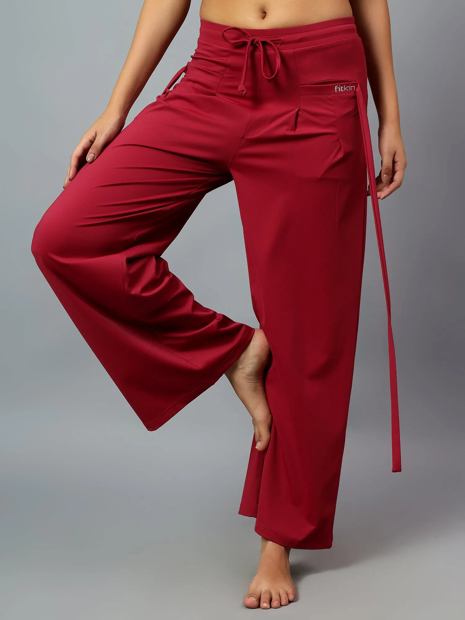 Fitkin Women's Wine Relaxed Fit Pleated Bootcut Trackpant