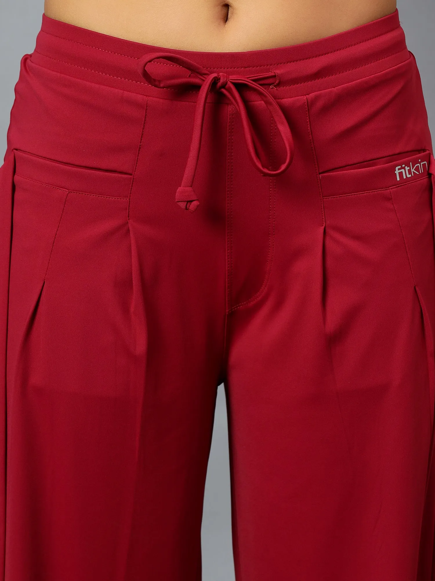 Fitkin Women's Wine Relaxed Fit Pleated Bootcut Trackpant