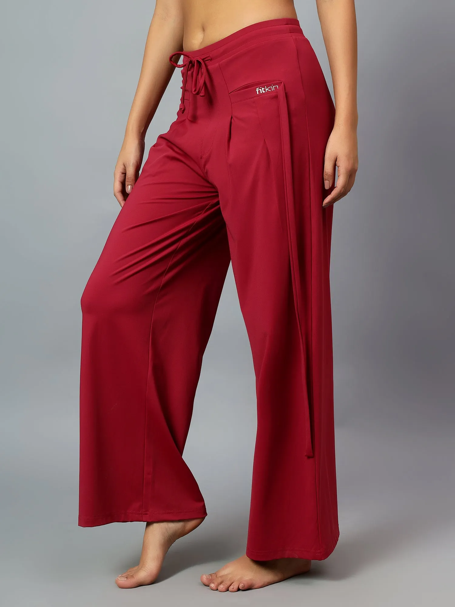 Fitkin Women's Wine Relaxed Fit Pleated Bootcut Trackpant