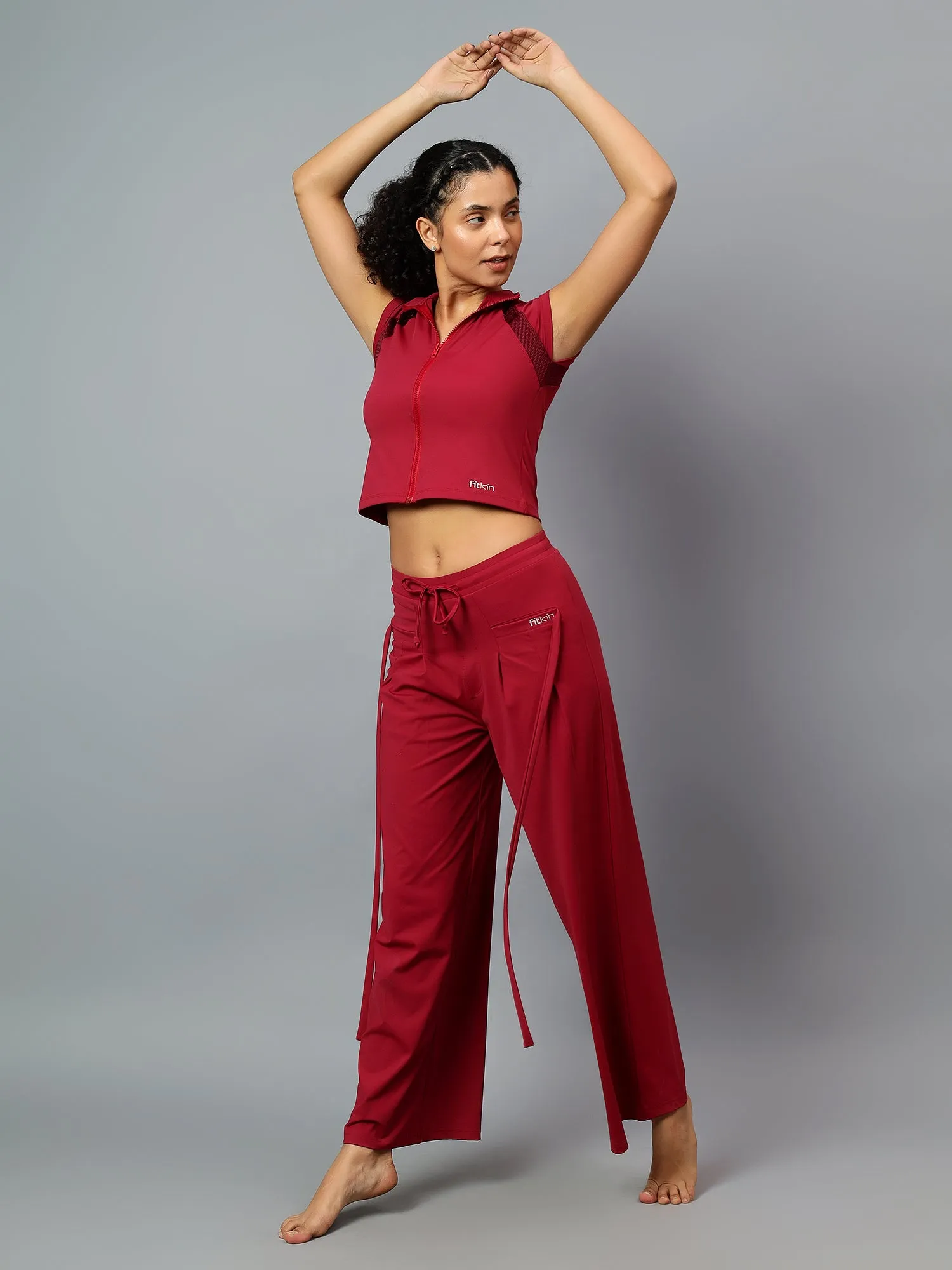 Fitkin Women's Wine Relaxed Fit Pleated Bootcut Trackpant
