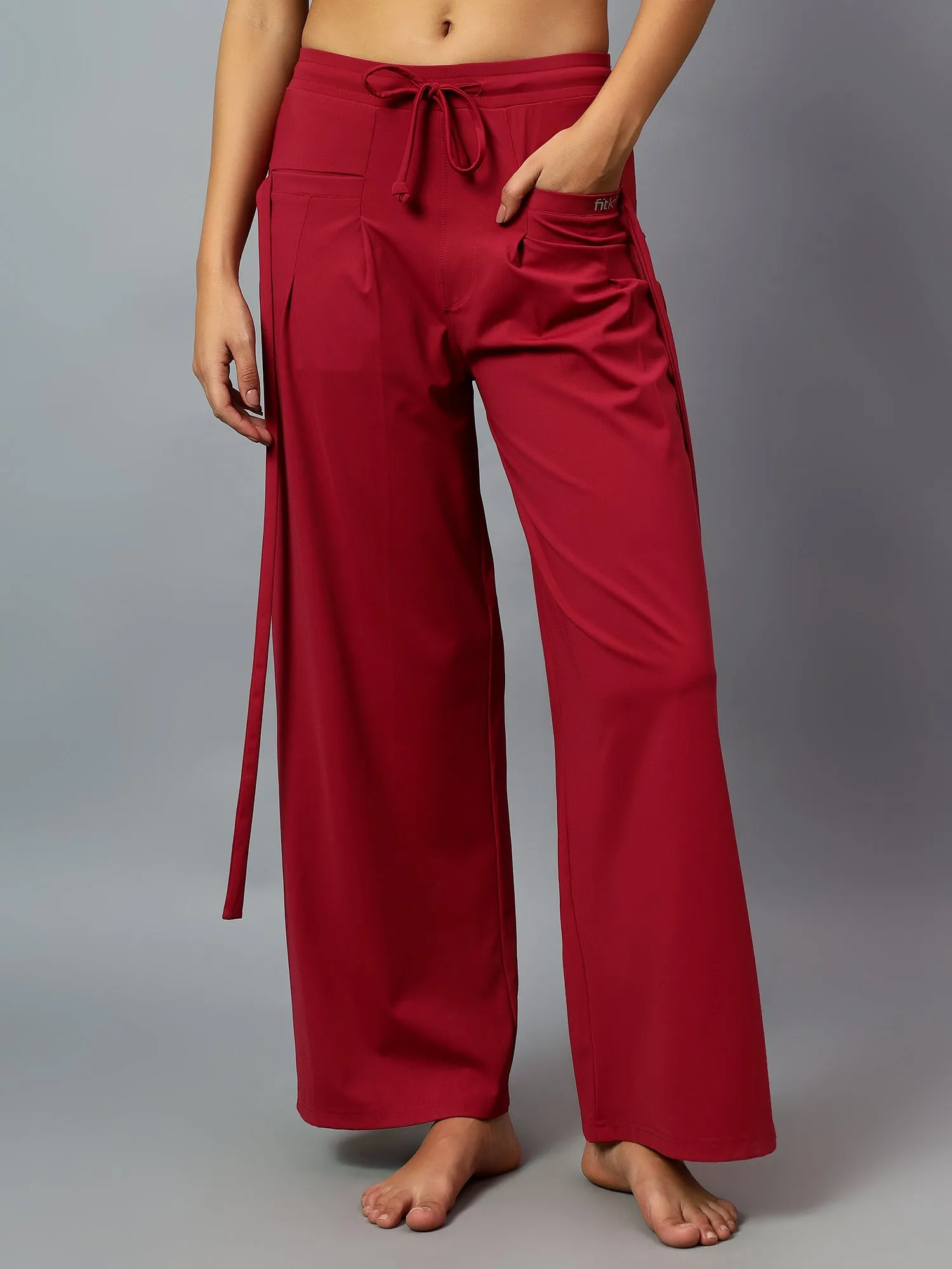 Fitkin Women's Wine Relaxed Fit Pleated Bootcut Trackpant