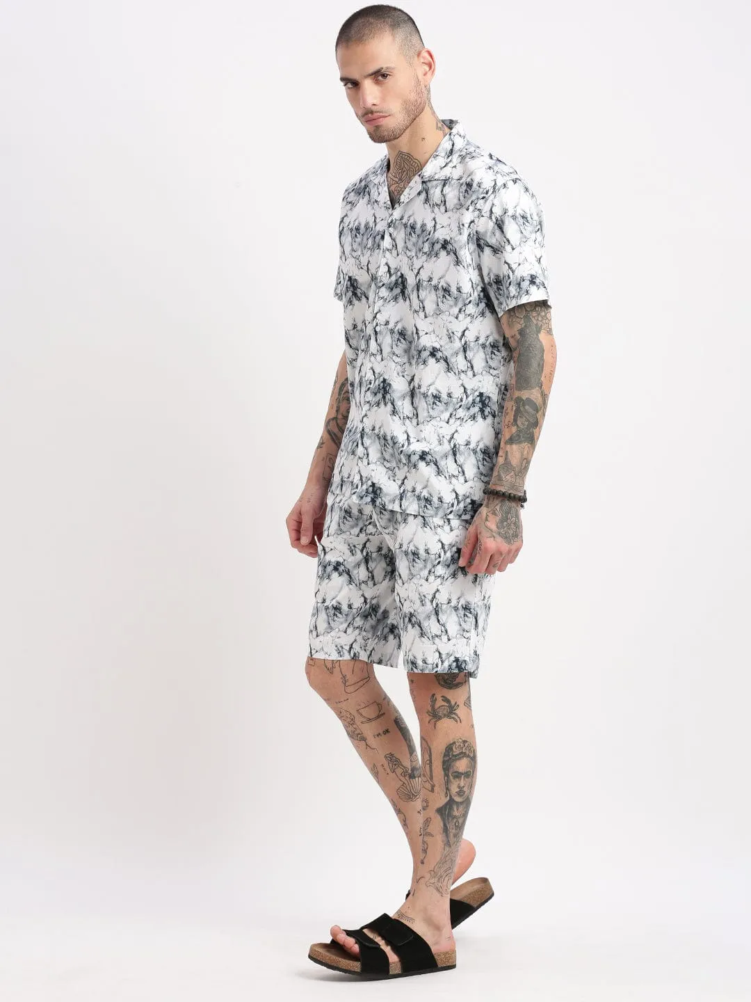 Men Black & White Marble Print Co Ords Set