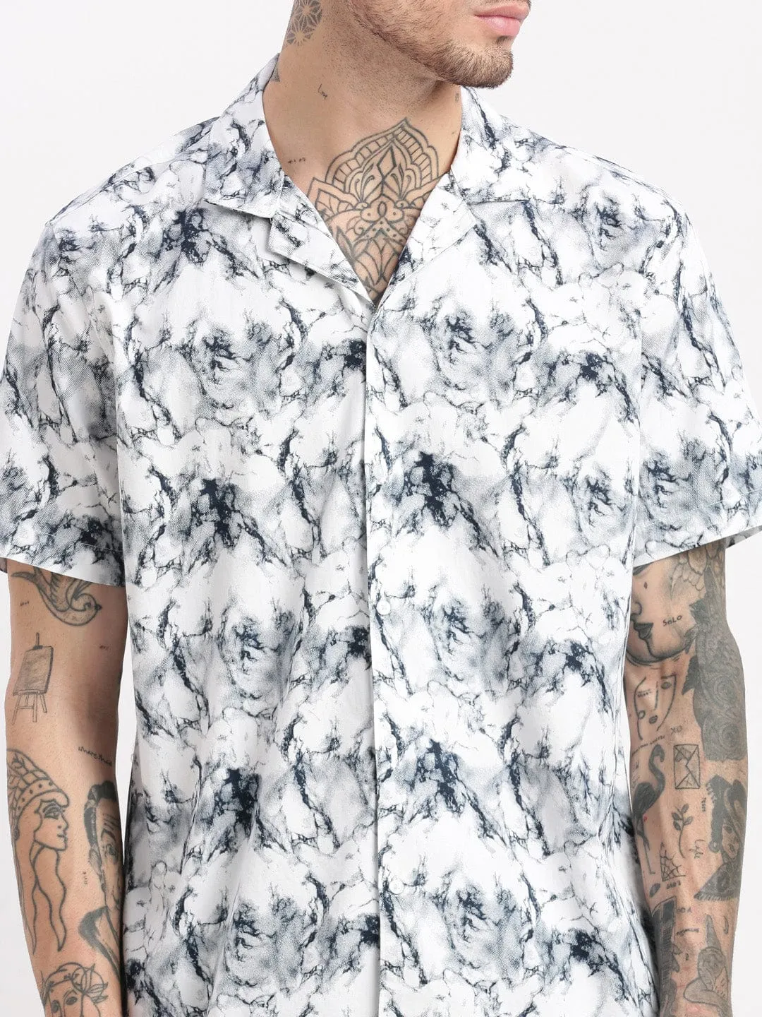 Men Black & White Marble Print Co Ords Set