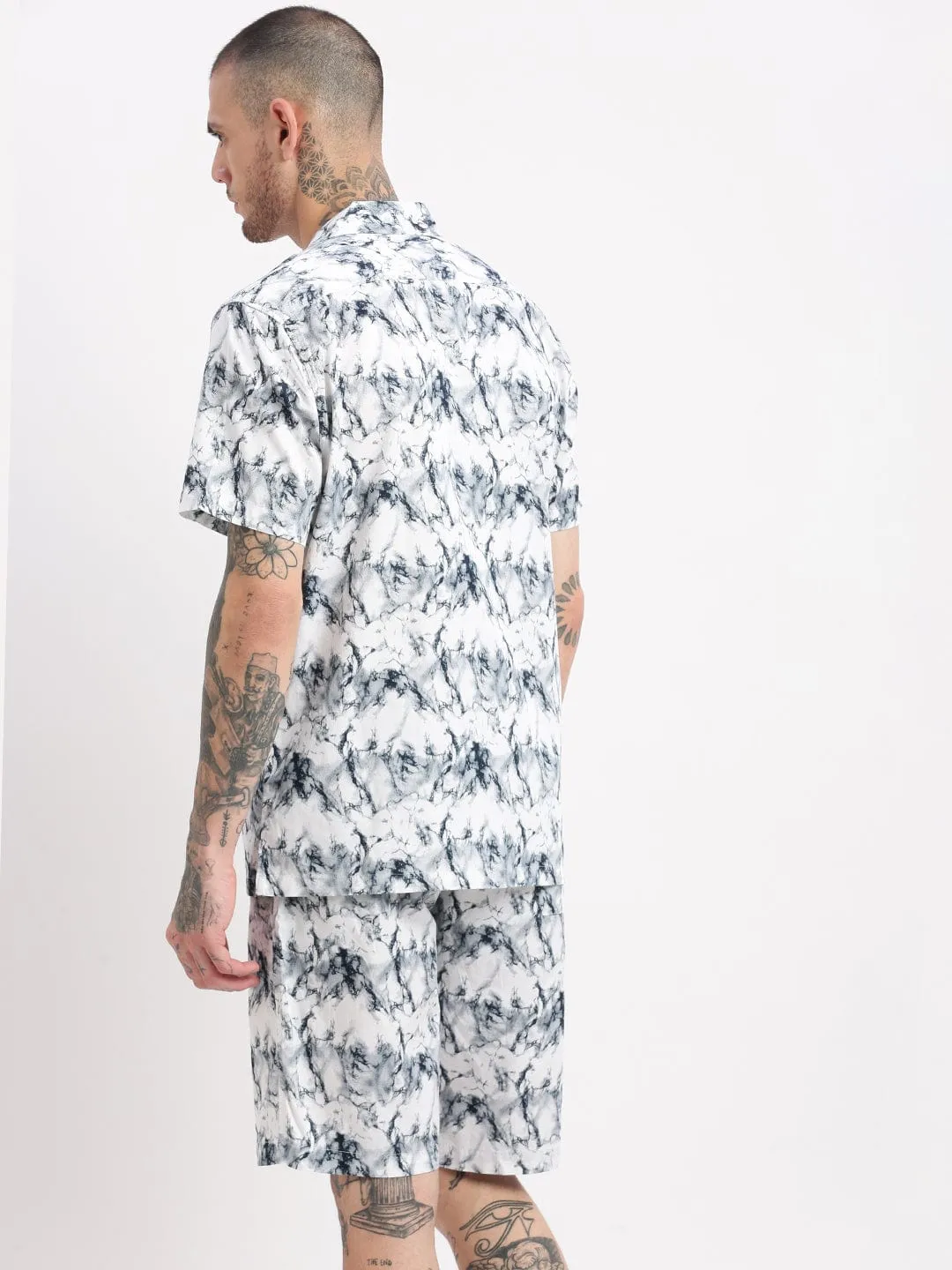 Men Black & White Marble Print Co Ords Set