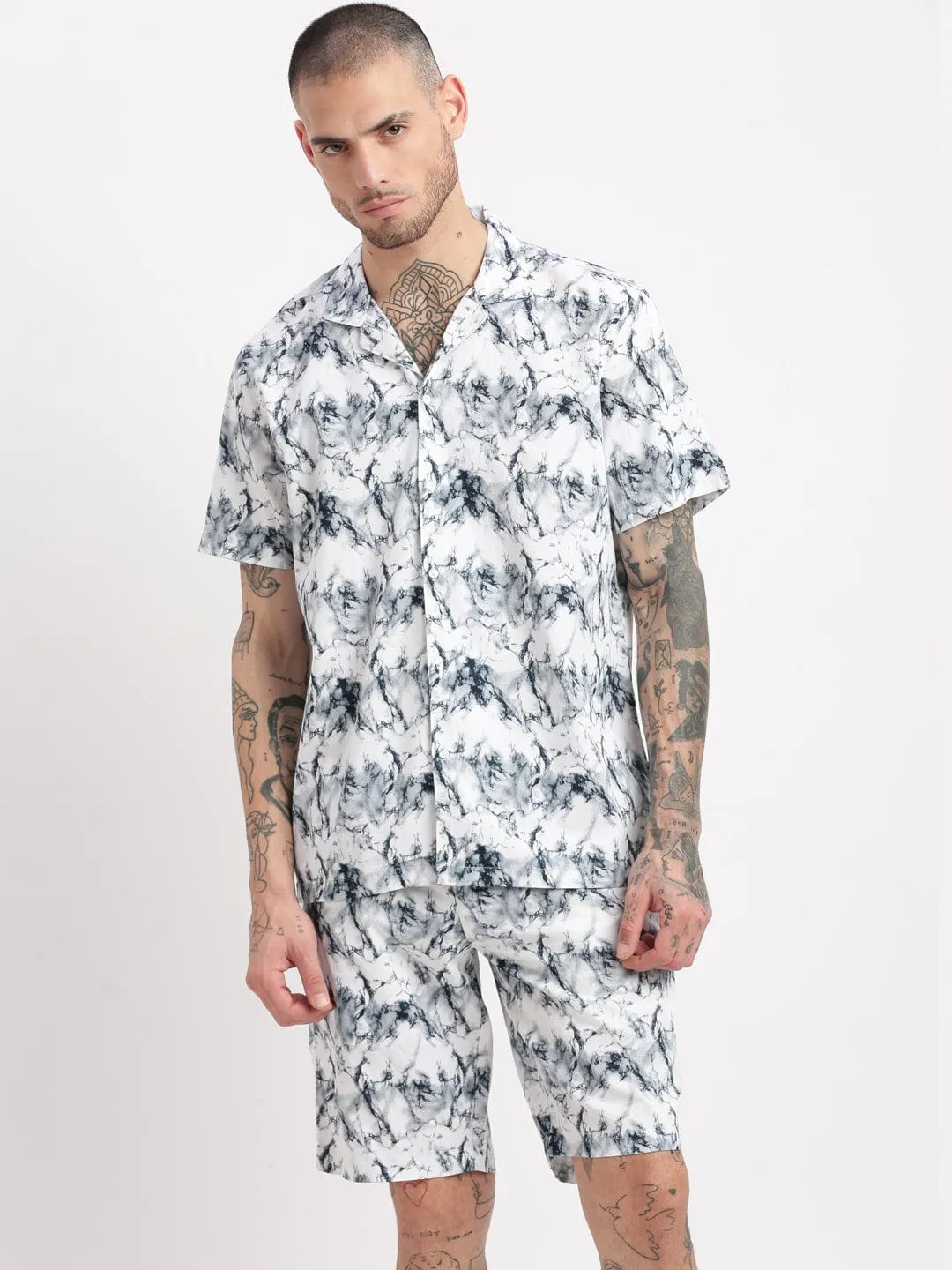 Men Black & White Marble Print Co Ords Set
