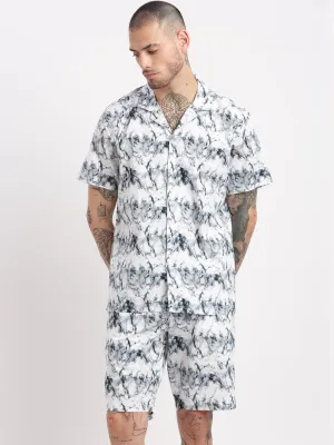 Men Black & White Marble Print Co Ords Set