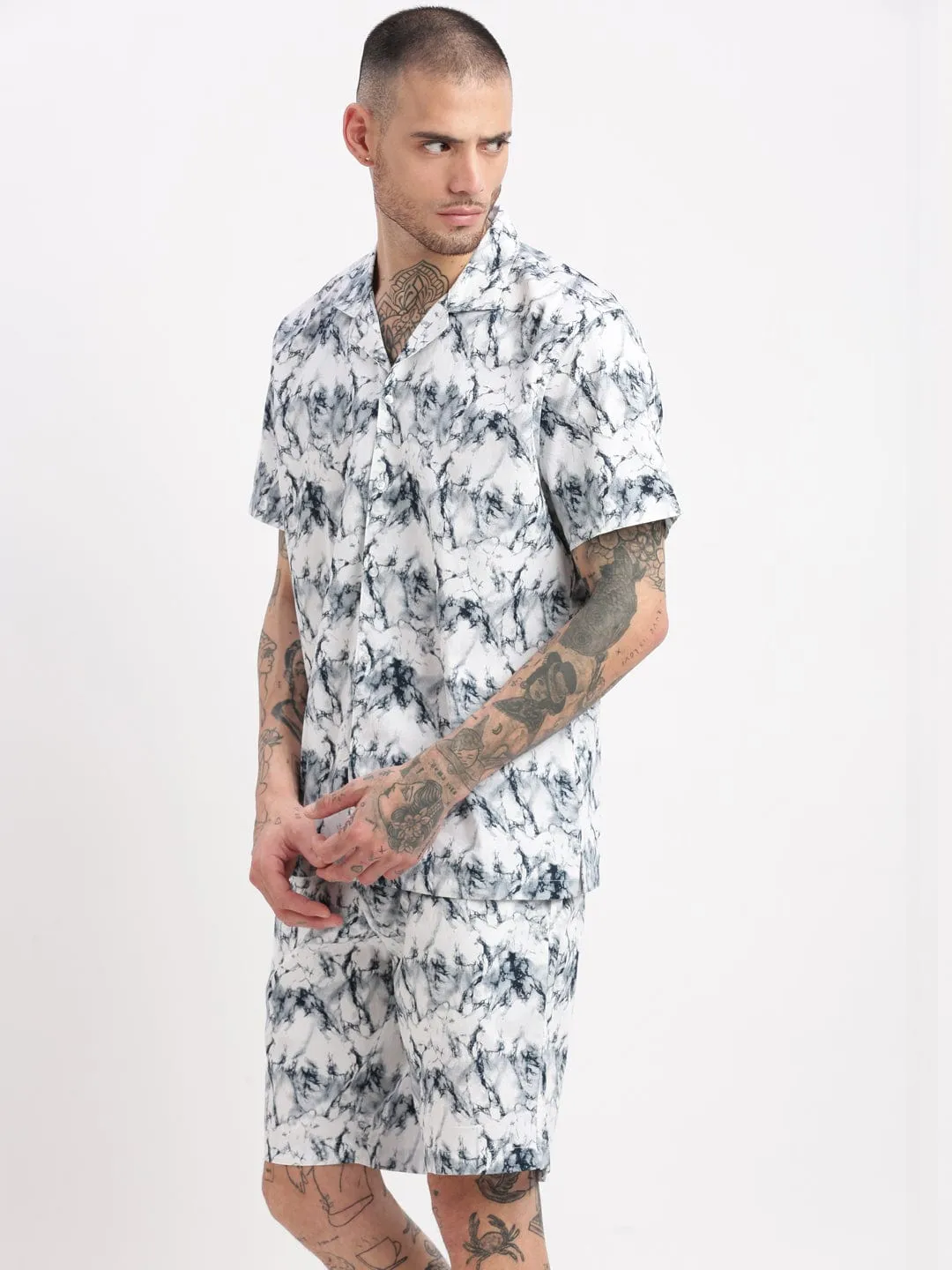 Men Black & White Marble Print Co Ords Set