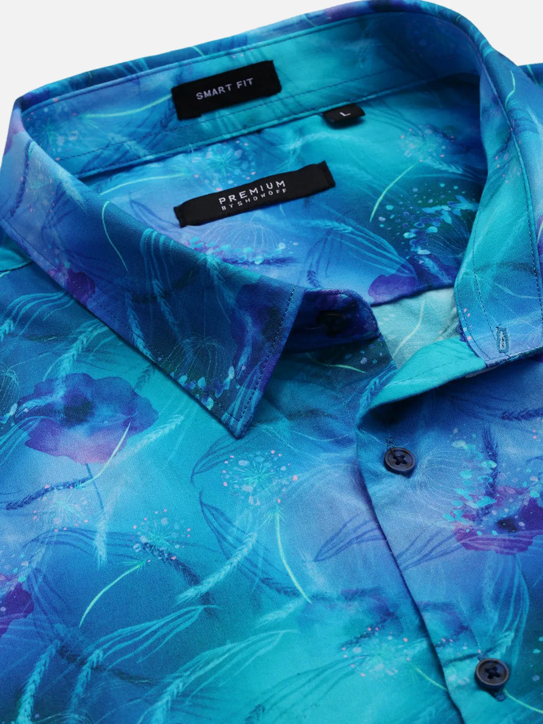 Men Blue Abstract Spread Collar Slim Fit Shirt