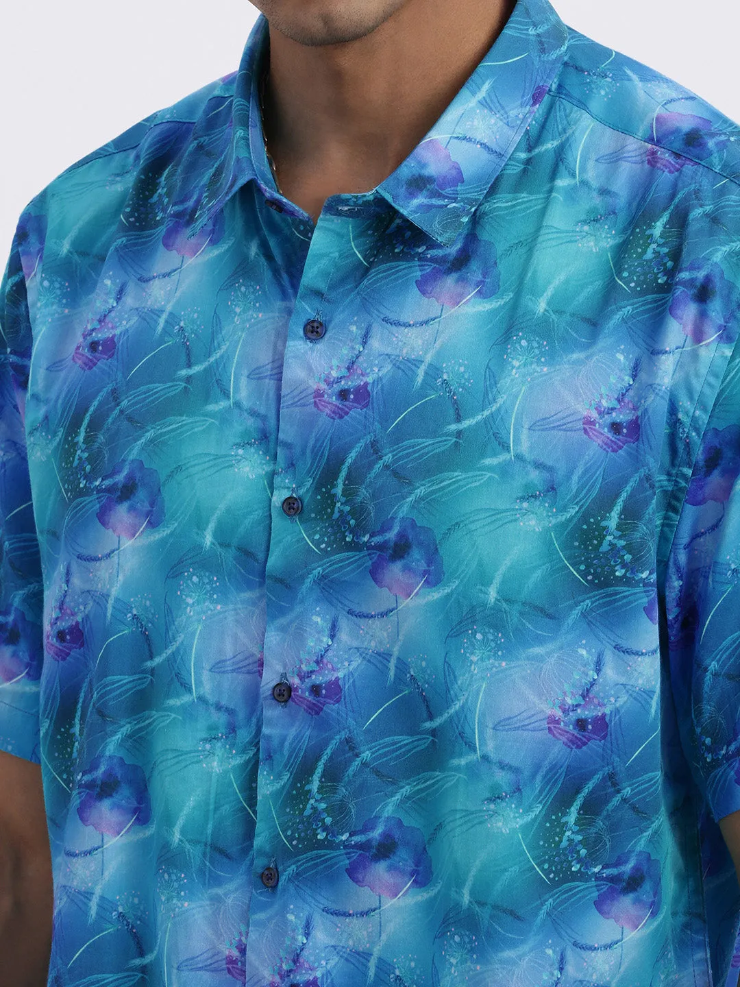 Men Blue Abstract Spread Collar Slim Fit Shirt