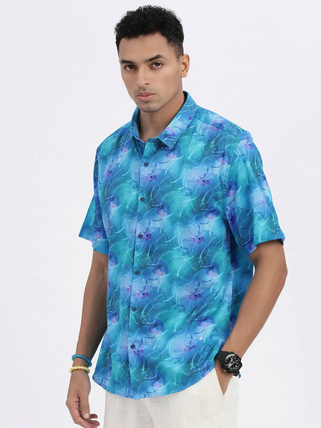 Men Blue Abstract Spread Collar Slim Fit Shirt