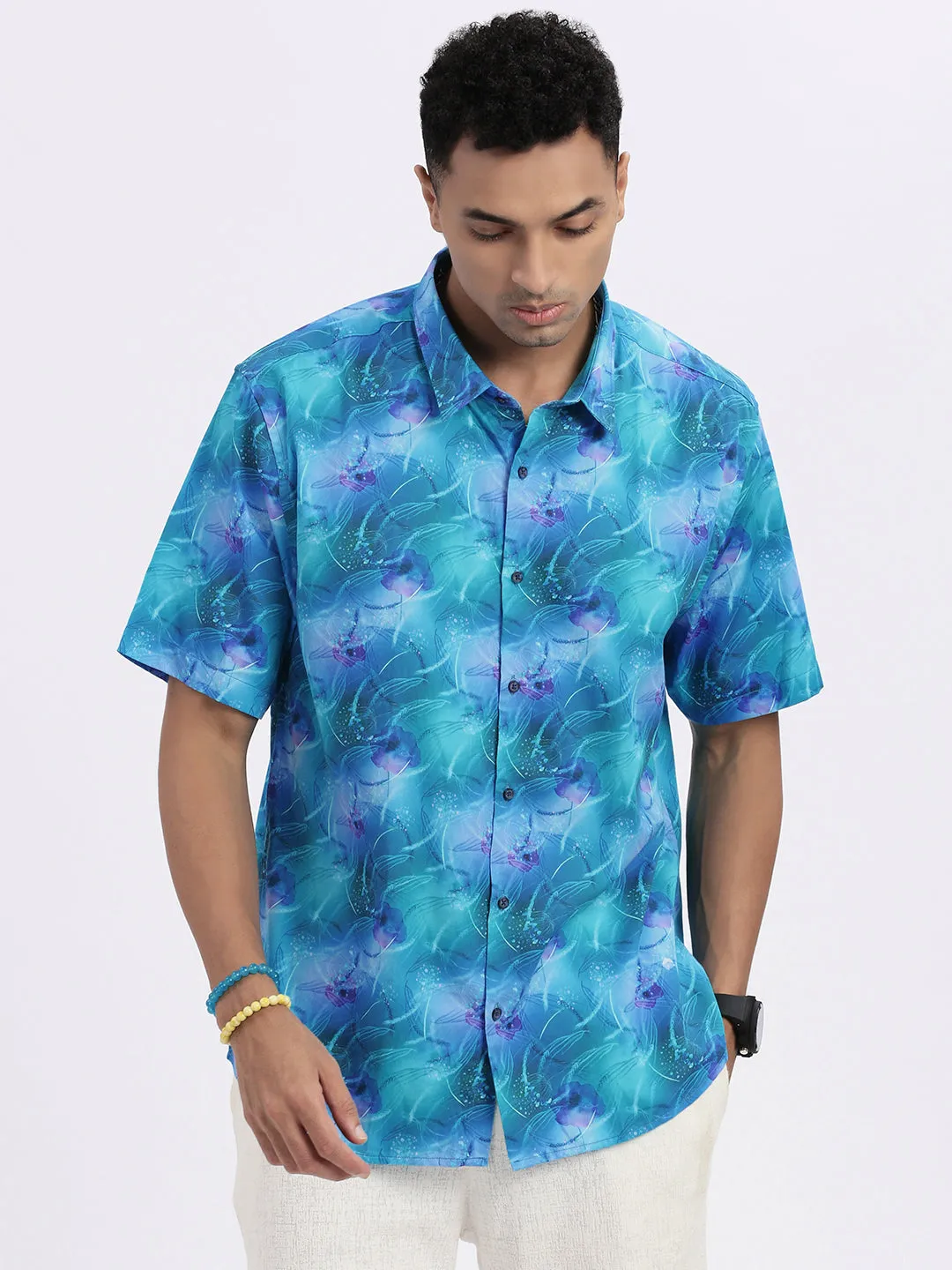 Men Blue Abstract Spread Collar Slim Fit Shirt