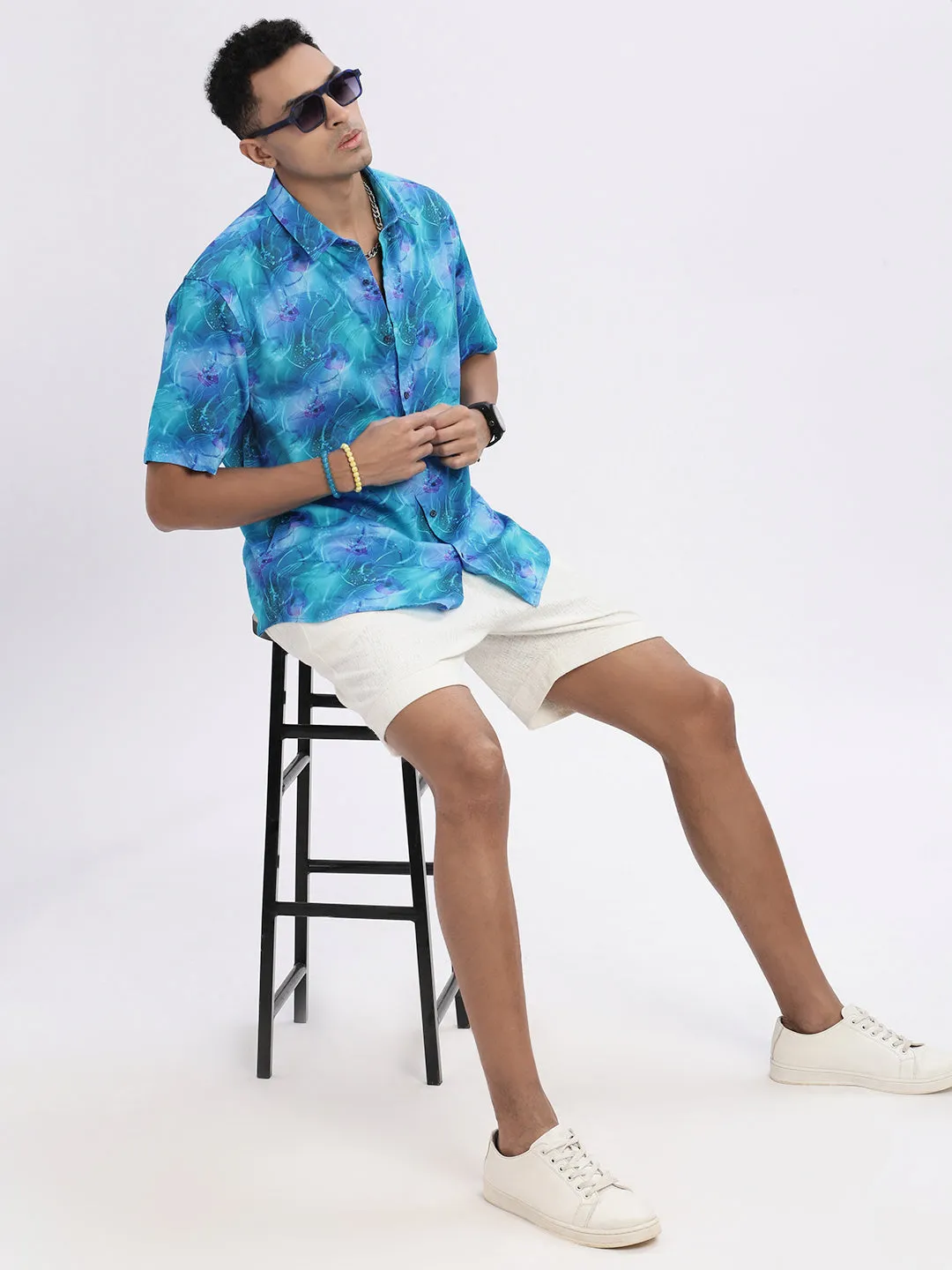 Men Blue Abstract Spread Collar Slim Fit Shirt