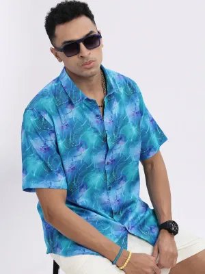 Men Blue Abstract Spread Collar Slim Fit Shirt