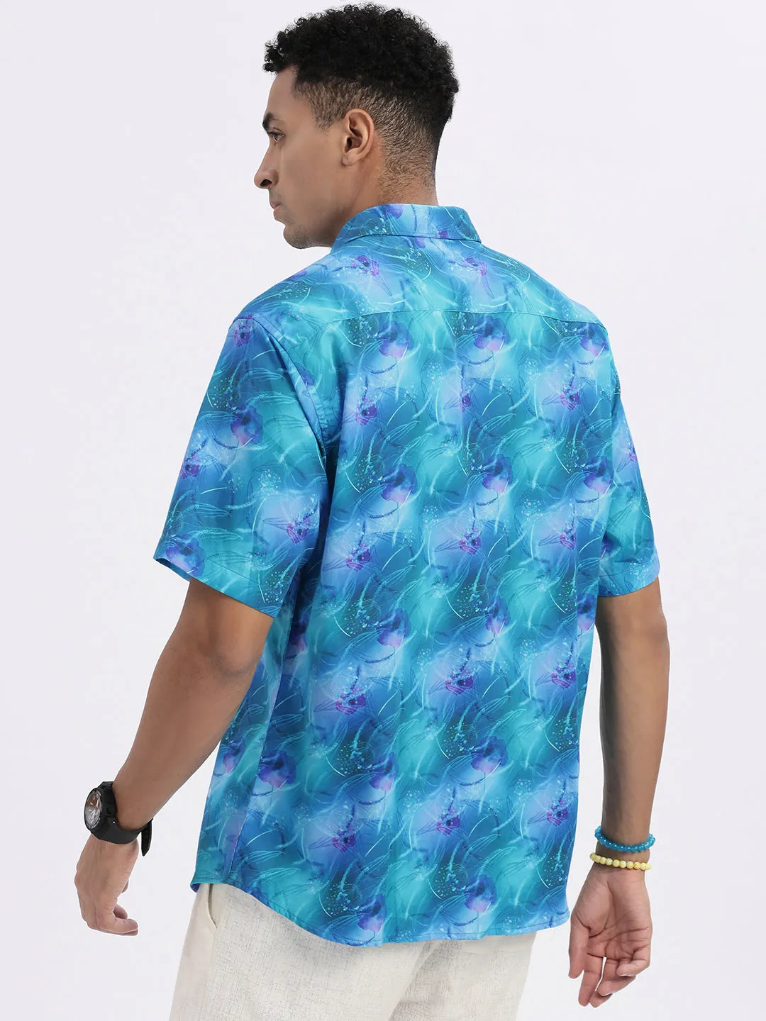 Men Blue Abstract Spread Collar Slim Fit Shirt