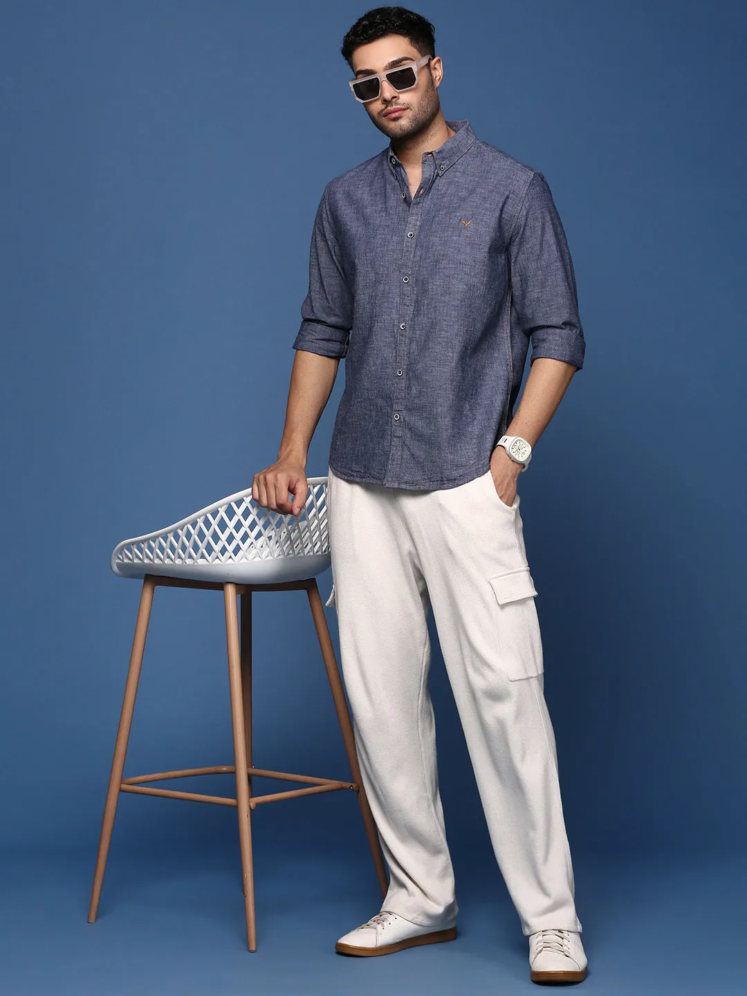 Men Blue Standard Slim Fit Opaque Casual Solid Shirt
