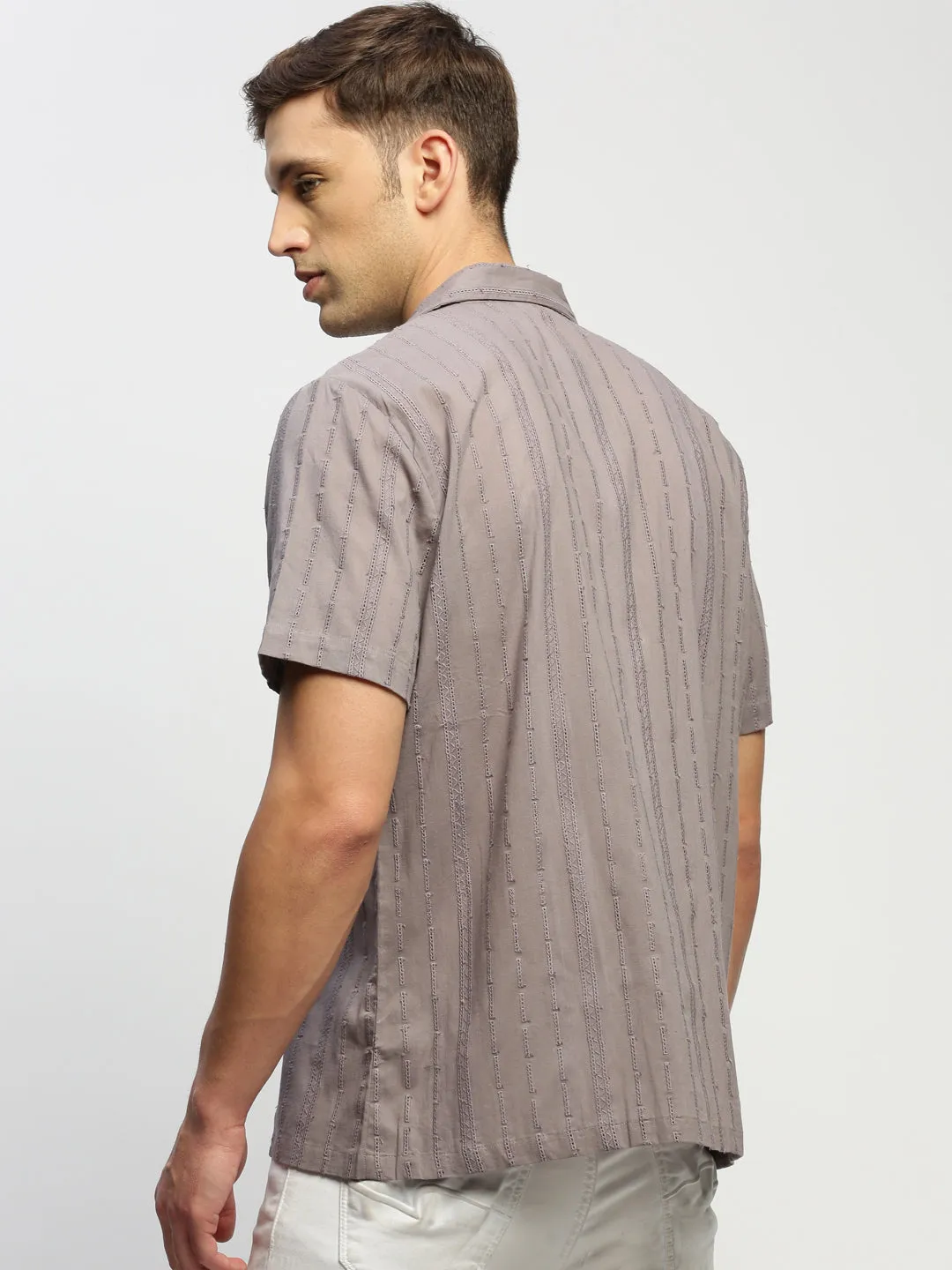 Men Grey Comfort Relaxed Fit Sheer Self Design Cotton Casual Shirt