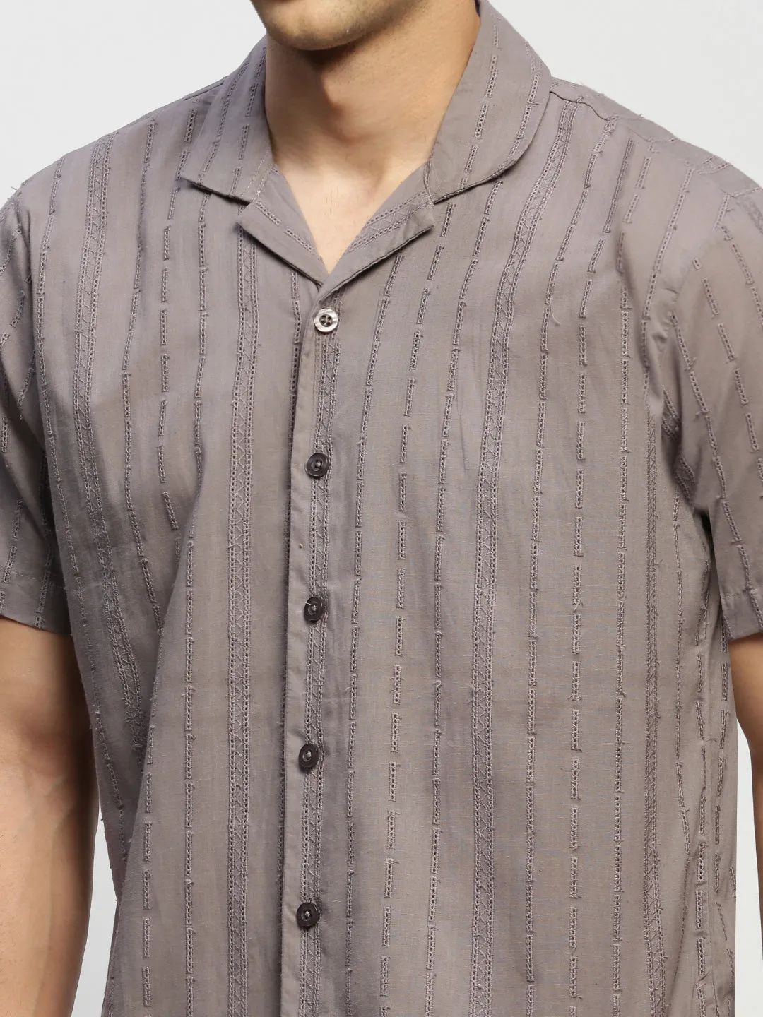 Men Grey Comfort Relaxed Fit Sheer Self Design Cotton Casual Shirt