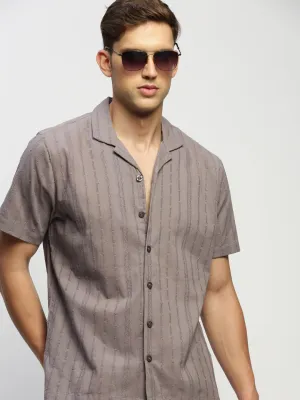 Men Grey Comfort Relaxed Fit Sheer Self Design Cotton Casual Shirt