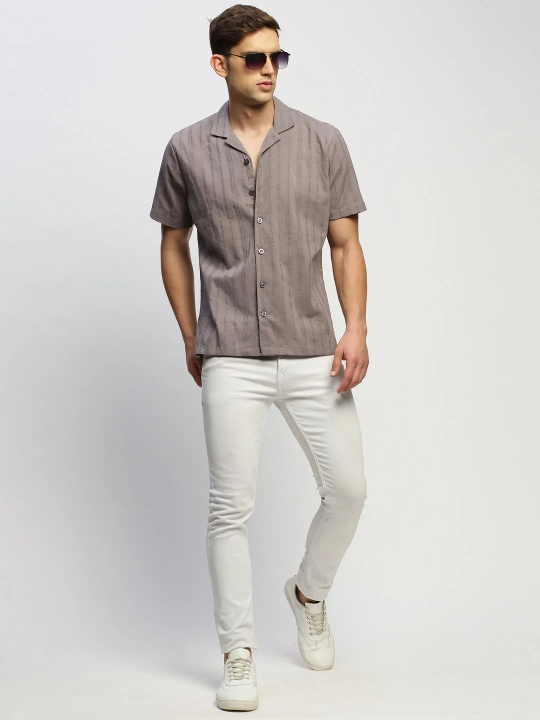 Men Grey Comfort Relaxed Fit Sheer Self Design Cotton Casual Shirt