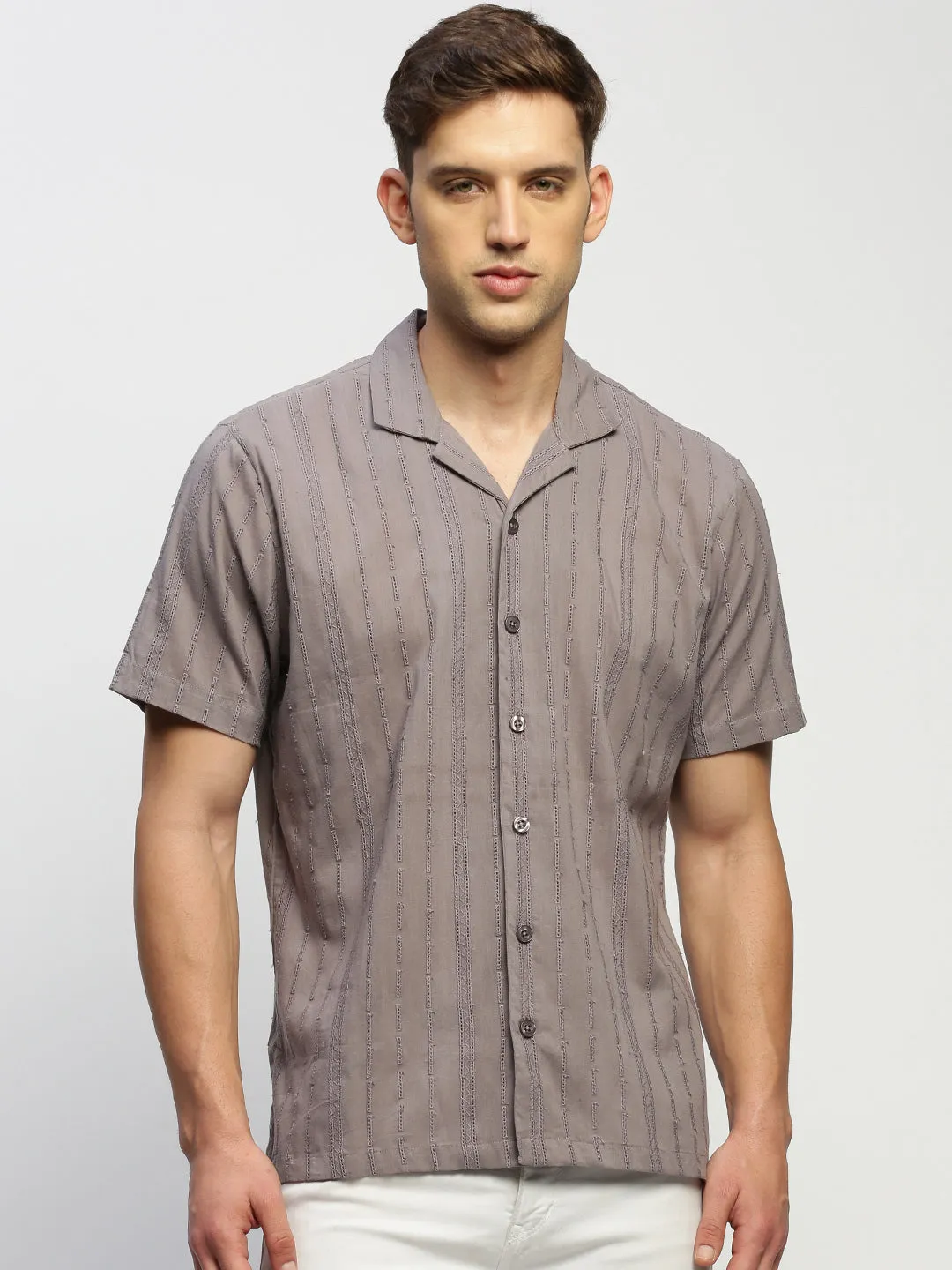 Men Grey Comfort Relaxed Fit Sheer Self Design Cotton Casual Shirt