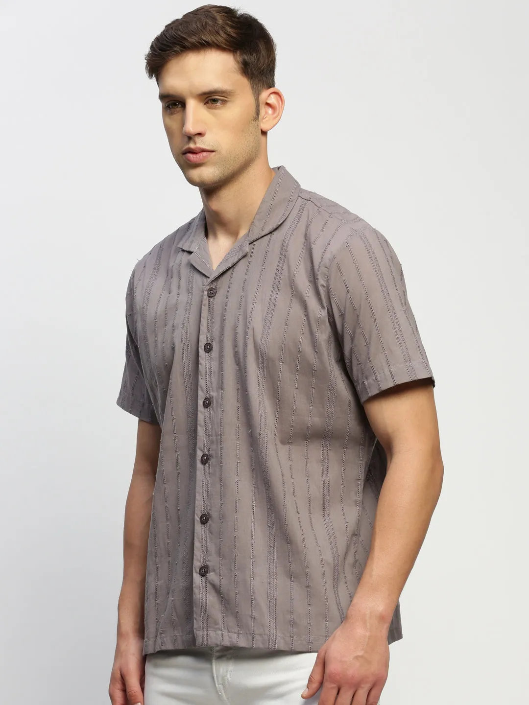 Men Grey Comfort Relaxed Fit Sheer Self Design Cotton Casual Shirt