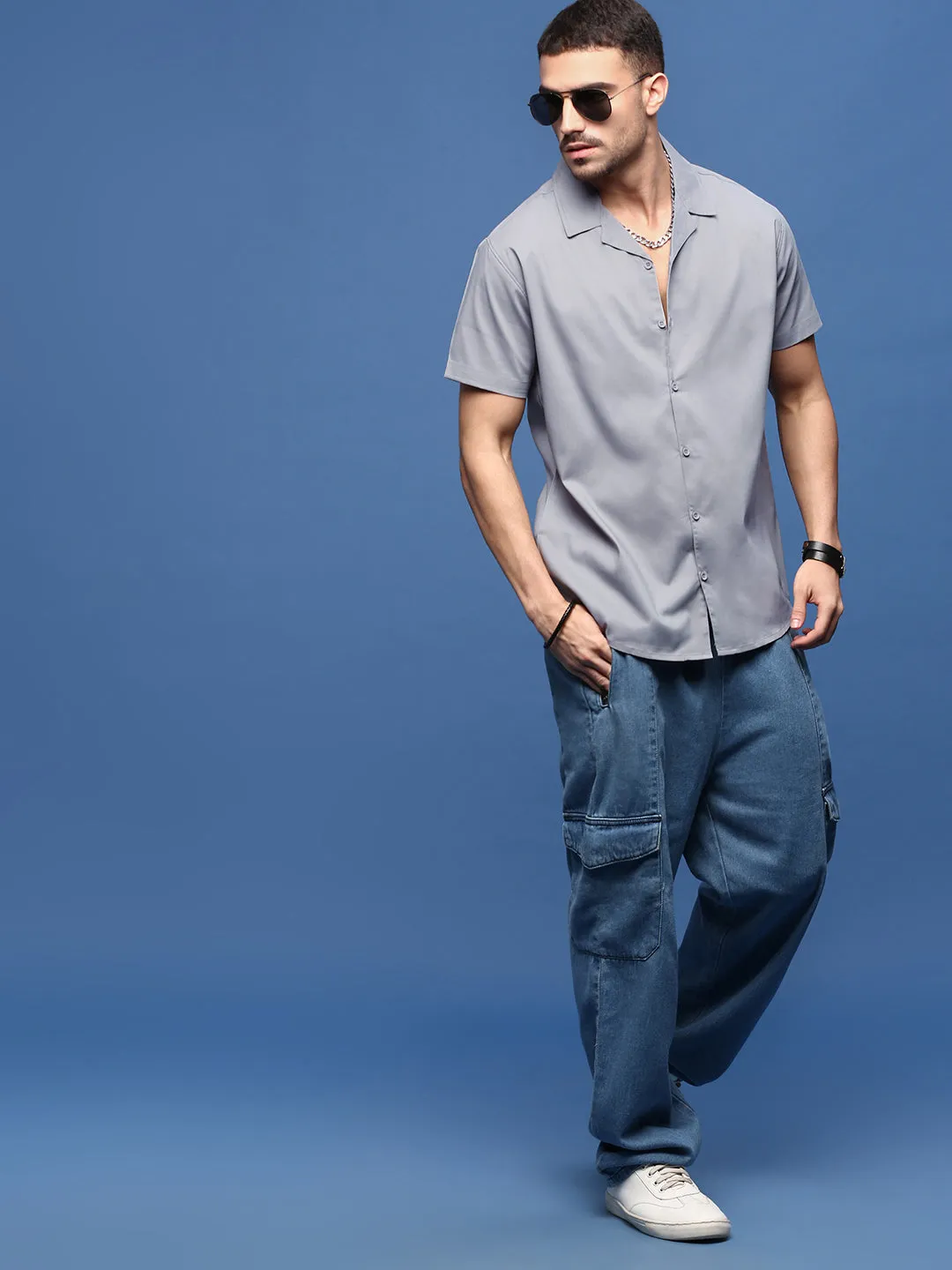 Men Grey Solid Cuban Collar Cotton Shirt