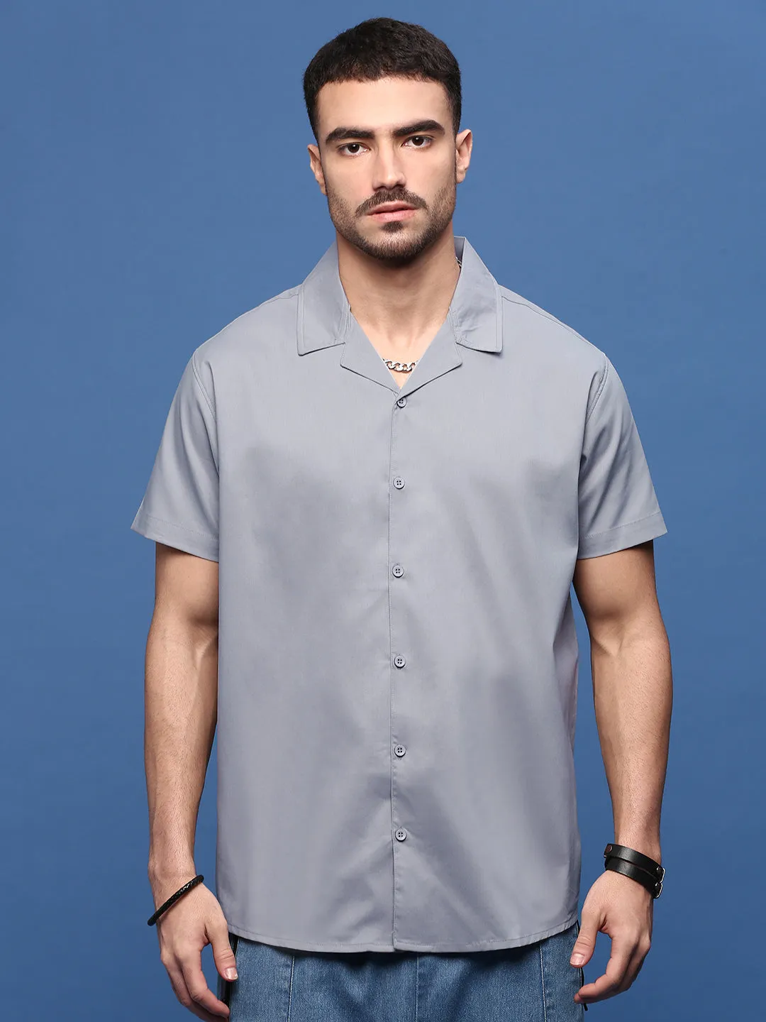 Men Grey Solid Cuban Collar Cotton Shirt