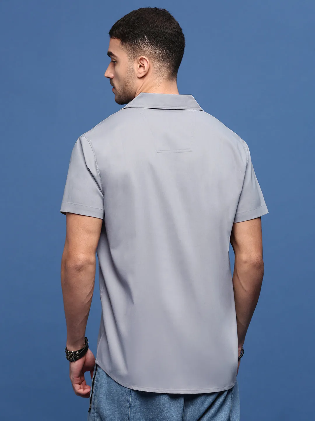 Men Grey Solid Cuban Collar Cotton Shirt