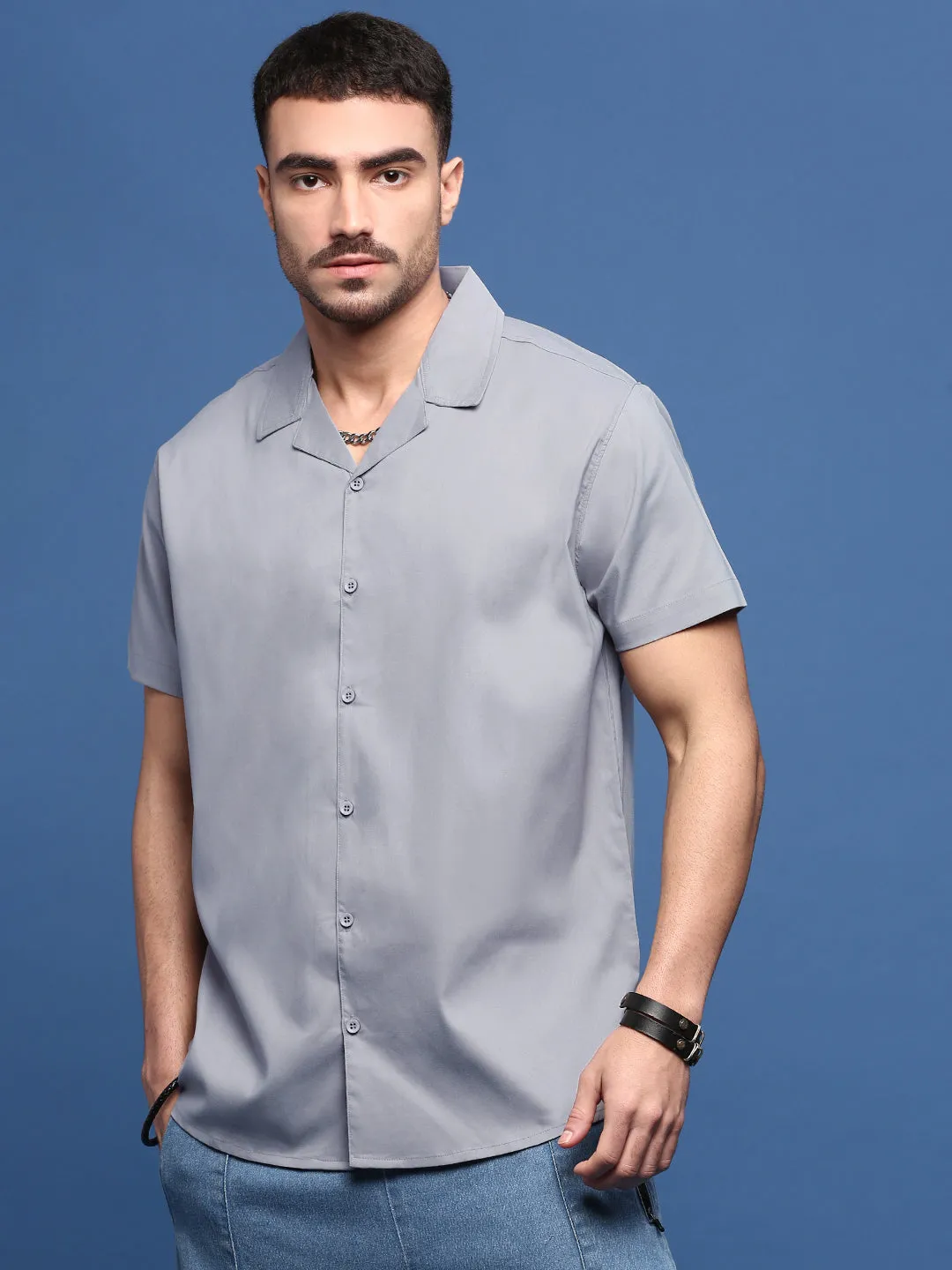 Men Grey Solid Cuban Collar Cotton Shirt
