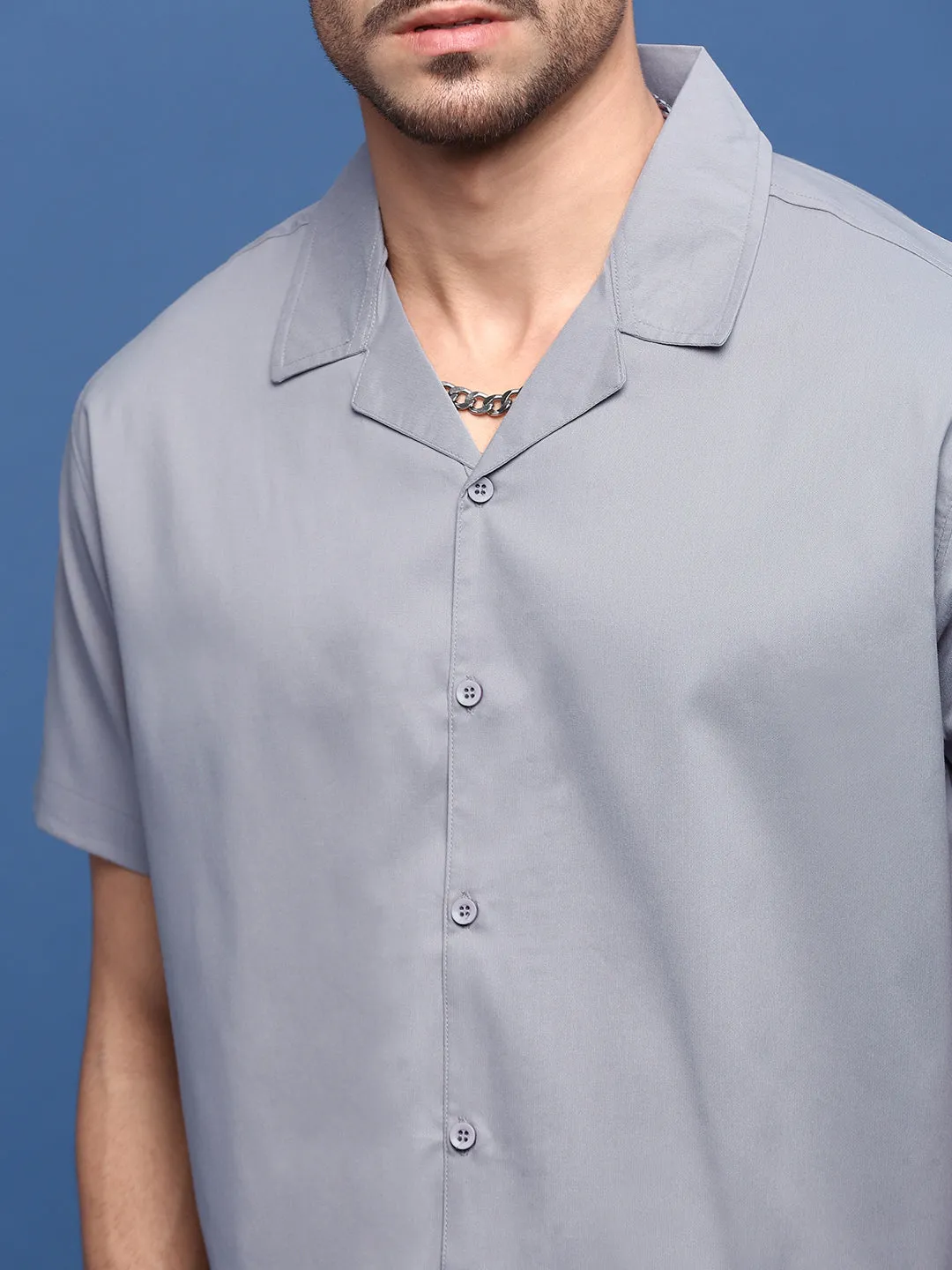 Men Grey Solid Cuban Collar Cotton Shirt