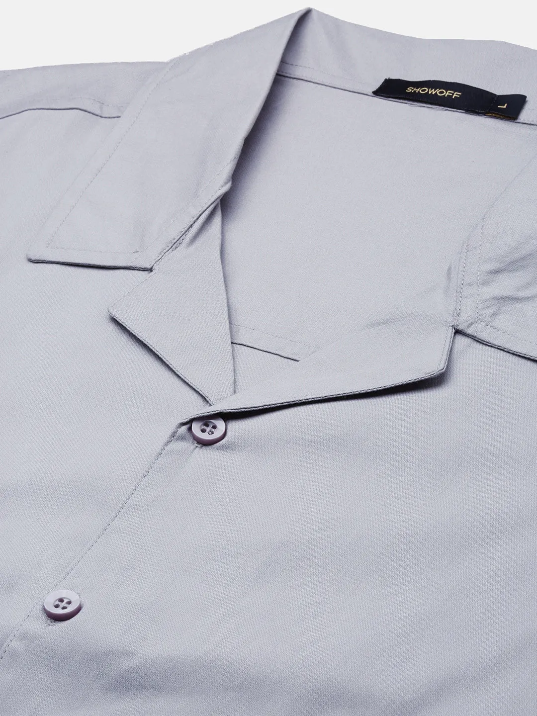 Men Grey Solid Cuban Collar Cotton Shirt