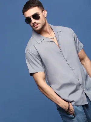 Men Grey Solid Cuban Collar Cotton Shirt