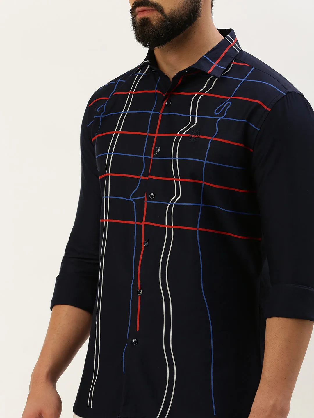 Men Navy Blue Comfort Windowpane Checked Spread Collar Cotton Casual Shirt