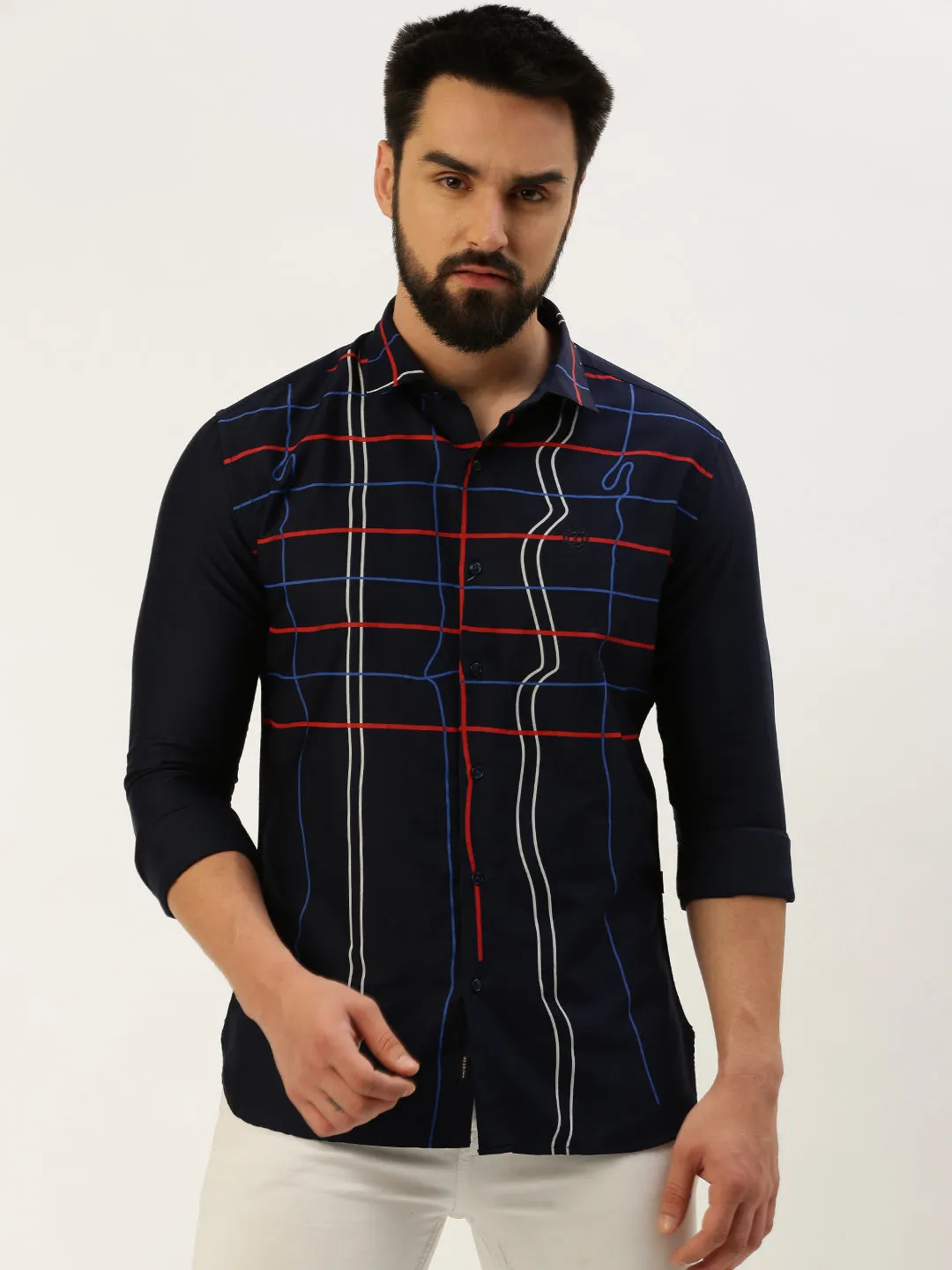 Men Navy Blue Comfort Windowpane Checked Spread Collar Cotton Casual Shirt