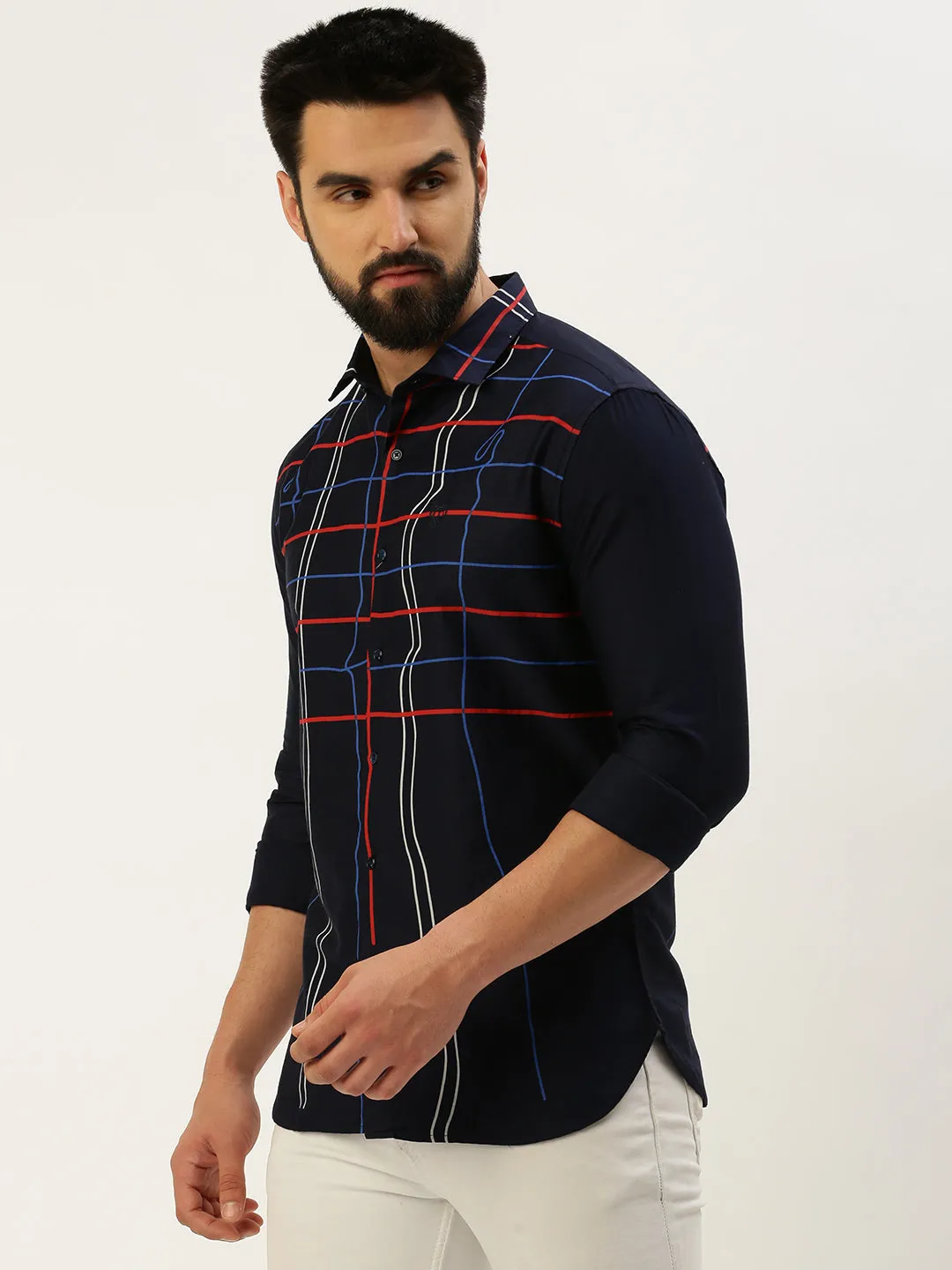 Men Navy Blue Comfort Windowpane Checked Spread Collar Cotton Casual Shirt