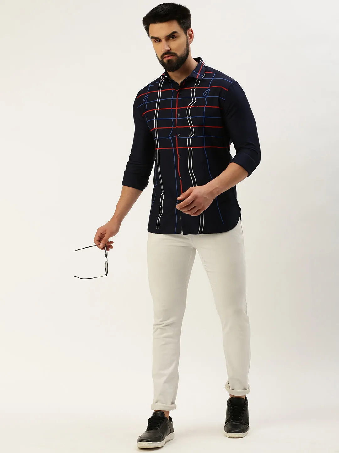 Men Navy Blue Comfort Windowpane Checked Spread Collar Cotton Casual Shirt