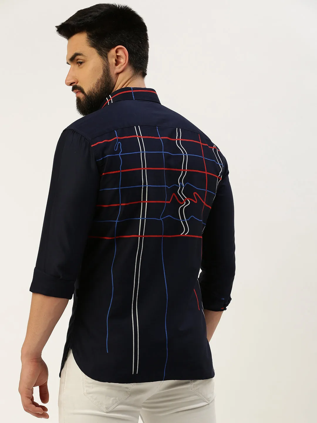 Men Navy Blue Comfort Windowpane Checked Spread Collar Cotton Casual Shirt