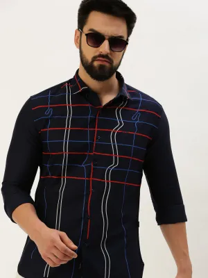 Men Navy Blue Comfort Windowpane Checked Spread Collar Cotton Casual Shirt